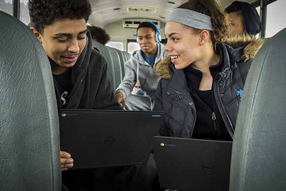 CTE students access online curriculum while traveling to the CTE Center.