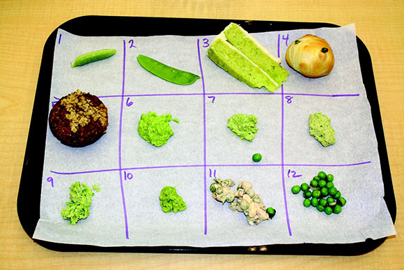 A sampling tray of 12 different cold pea recipes prepared by CCM students 