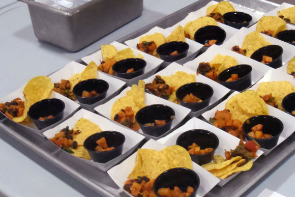 Each sample featured a portion cup of cinnamon roasted butternut squash and three chips to dip in the butternut squash and black bean salsa. 