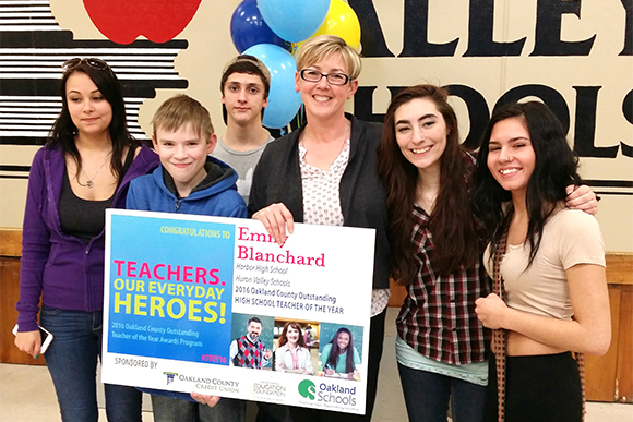 Emily Blanchard, Oakland County Teacher of the Year, with some of her students. 