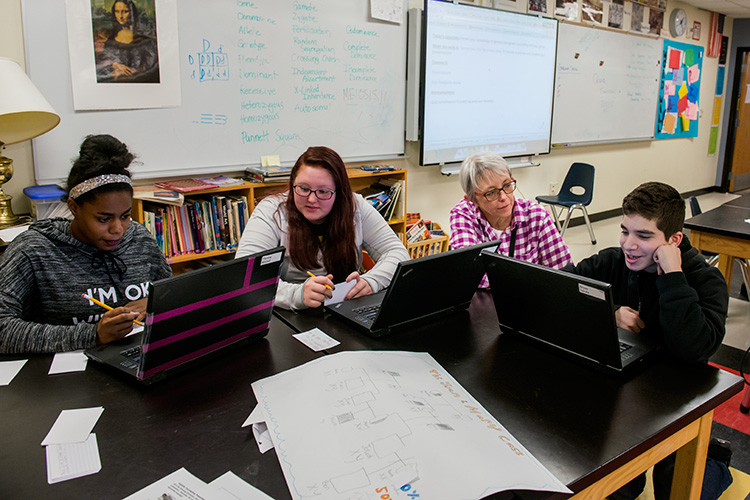 Kathy Fisk at one of the BioArt classes at Ypsilanti's New Tech High School.