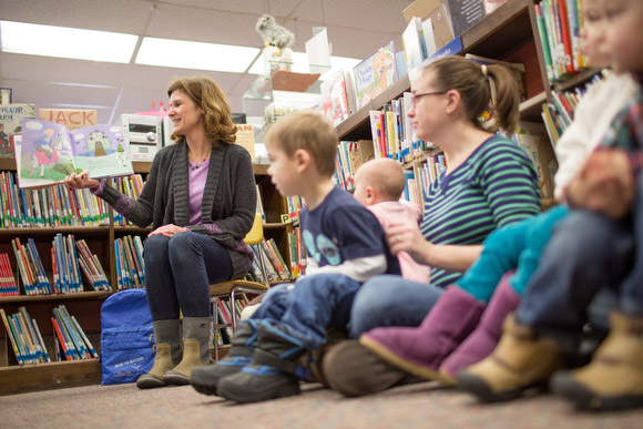 Allison Keessen reads during storytime at the North Muskegon Branch Library.