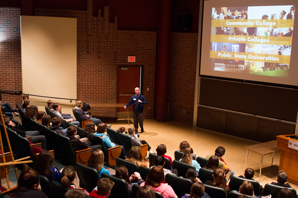 Northwest Community High School students experience a lecture hall environment at an Albion College campus tour.