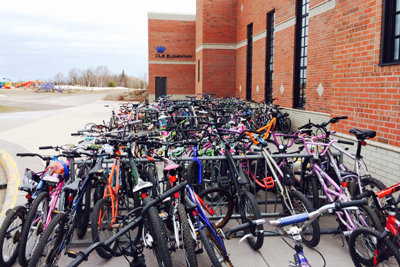 The bike rack was filled at Calumet Elementary in Calumet on Bike to School Day 2014.